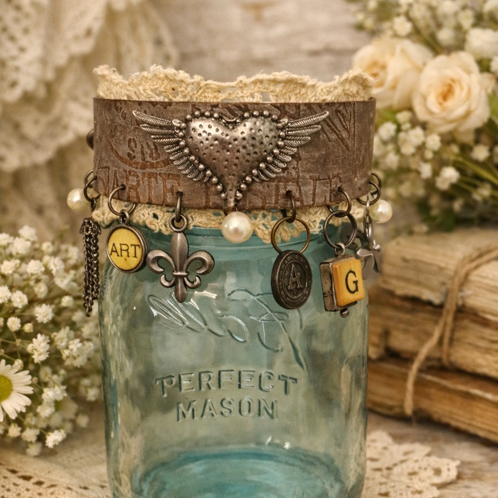 🌿✨ Handmade Signed Boho Shabby Chic Charm Cuff Bracelet ✨🌿